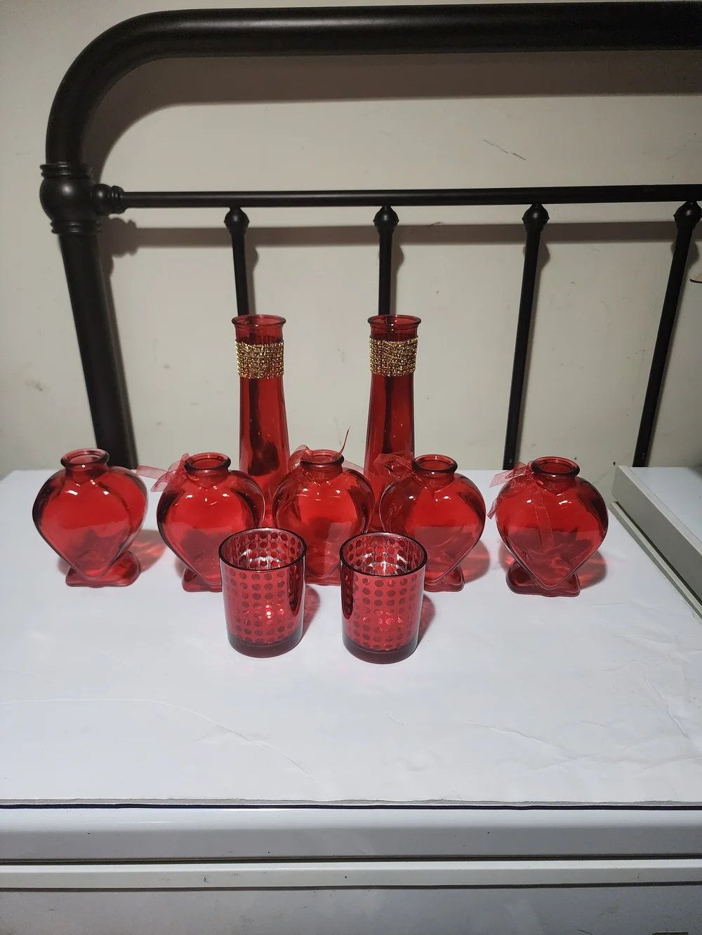 Red Glass Vases and Candle Holders Set